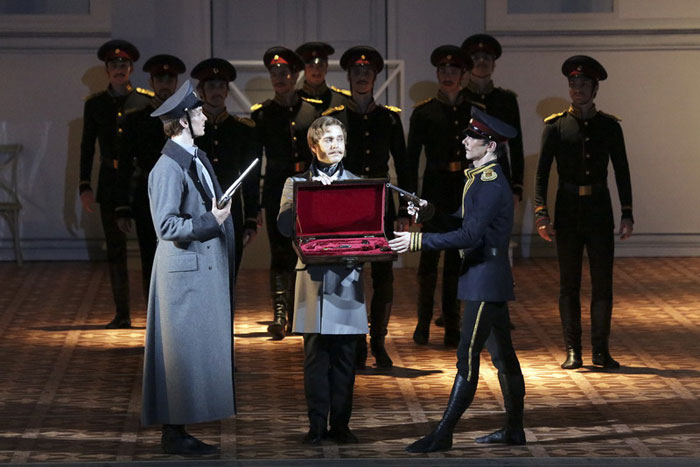 Artem Belyakov as Grushnitsky. Gennadi Yanin as Gentleman.<br/> Vyacheslav Lopatin as Pechorin. Photo by Damir Yusupov.
