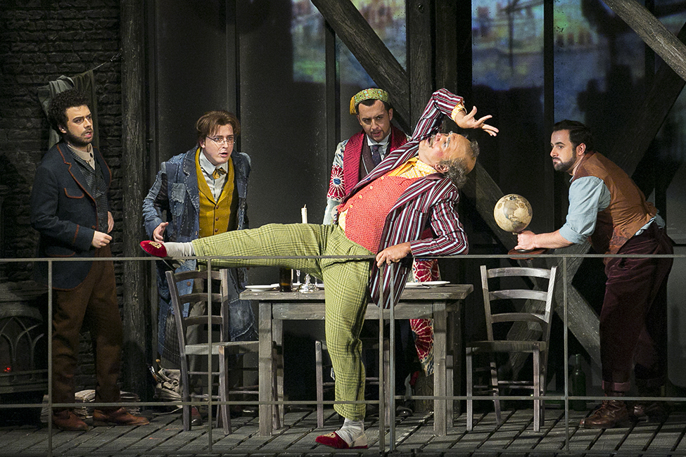 Davide Giusti as Rodolfo. Pyotr Migunov as Colline. <br/>Yuri Syrov as Schaunard. Valery Gilmanov as Benoit. Aluda Todua as Marcello. <br/> Photo by Damir Yusupov.